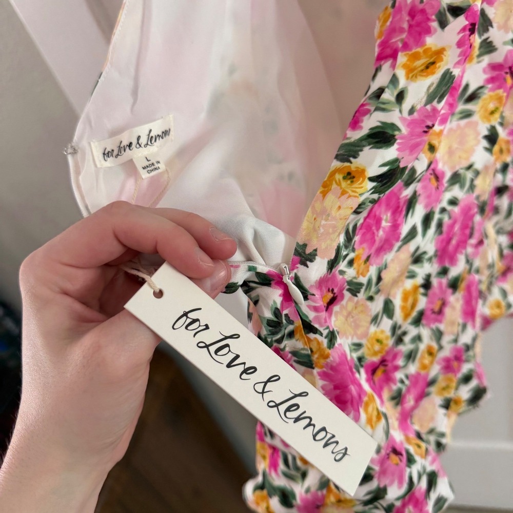 For Love & Lemons June Mini‎ Sun Dress Floral Pink Yellow Open Back Size Large - Picture 2 of 9